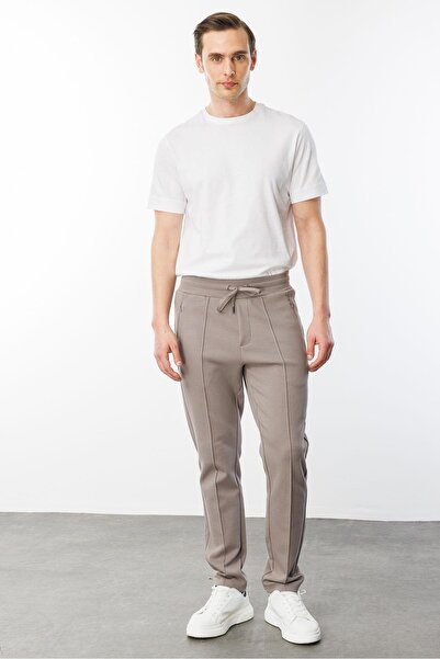 Desen Triko Erkek Cepleri Fermuarlı Eşofman Altı Vizon