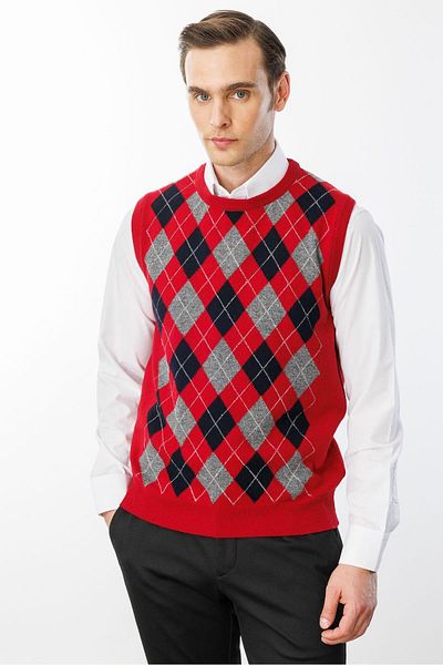 Desen Triko Men's Crew Neck Front Diamond Patterned Wool Sweater Dark Red