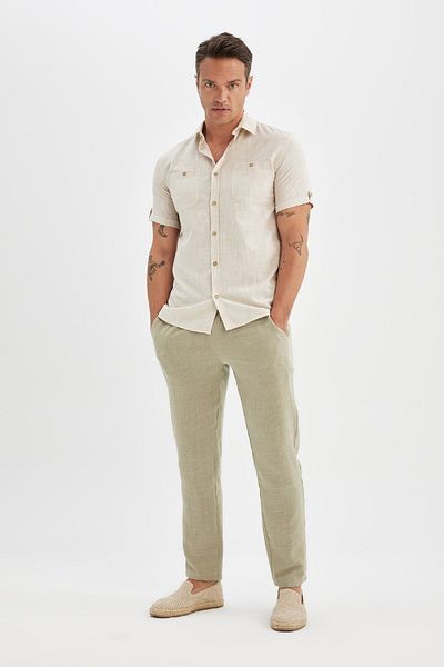 DeFacto Slim Fit Slim Fit Polo Neck Linen Look Short Sleeve Shirt 24Y 801007250