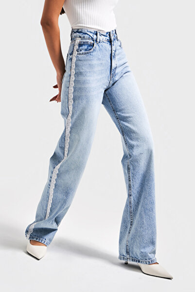 its basic Doris D1-4S5-3 pentru femei Ice Color, cu talie înaltă, cu dantelă, design cu dungi, 100% denim, denim