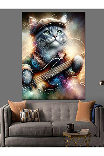 ekart Bas Gitar Çalan Kedi Dekoratif Kanvas - Mdf Ahşap Tablo