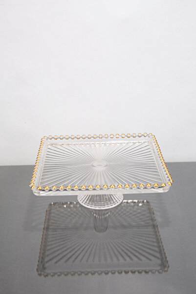 ARGKRİSTAL 2Lİ GOLD DETAYLI CAM AYAKLI KARE SERVİS SUNUM TABAKLARI DİK ÇİZGİ ...