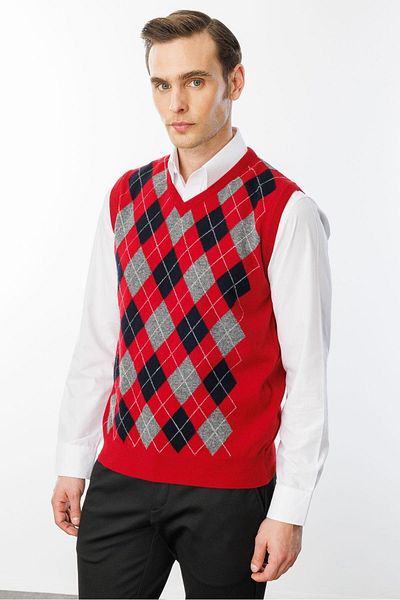 Desen Triko Men's V-Neck Front Argyle Wool Sweater Dark Red
