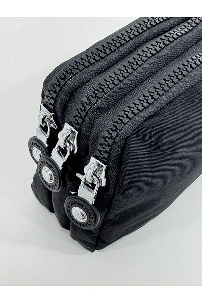 Sanmorris Women's Crinkle Fabric Hand and Cross Strap 3 Compartment Zippered Card Holder, Black Wallet with Coin Compartment