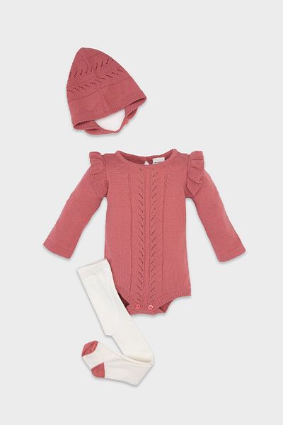DeFacto 3-teiliges Set für Babys, Mädchen, Strickwaren, langärmlig, gestreifter Body, Mütze und Strumpfhose C9760a524wn