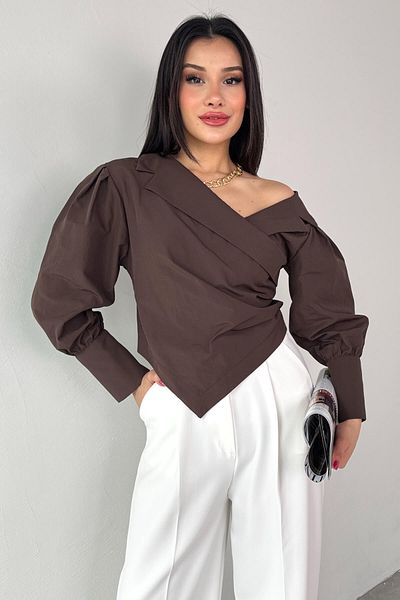 Cappmoda GML-0317 Πικρό καφέ σταυρωτό δέσιμο με διπλό μανίκι με διπλό στήθος Crop πουκάμισο