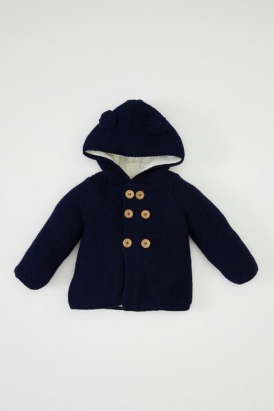 DeFacto Cardigan din tricot pentru bebeluși, albastru bleumarin - fleece, nasturi dubli, glugă A3840a524wn
