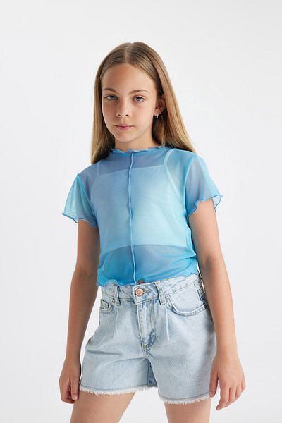 DeFacto Girl's Gradient Printed Crop T-Shirt and Undershirt - Short Sleeve, Crew Neck 2-Piece Set C8717a824sm
