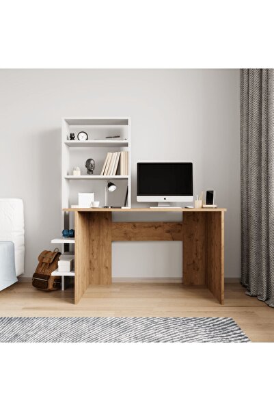 ALONEX HOME Mobilya Beyaz Kitaplıklı Çalışma Masası , Ders Çalışma Masası , Raflı Çalışma Masası,