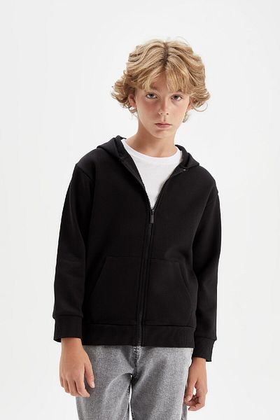 DeFacto Boy's Basic Plain Black Hooded School Cardigan with Zipper Pockets X7382A624Au