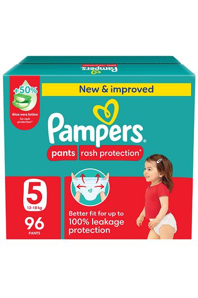 Pampers Rash Protection Pants, Size-5, 12-18kg, 96 Count, +50% Aloe Lotion, 360° Leak-Free Fit