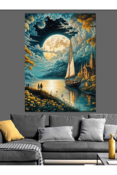 KanvasSepeti Ветроходна лодка на езерото Декоративна маслена картина с тексту...