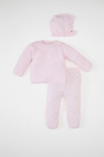 DeFacto Baby Girl 3 Piece Set Crew Neck Basic Plain Knitwear Sweater Elastic Waist Bottom Beanie C9763A524Wn