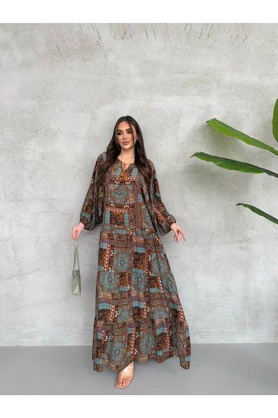 VESS MODA Women's Tassel Detail Viscose Printed Oversize Dress