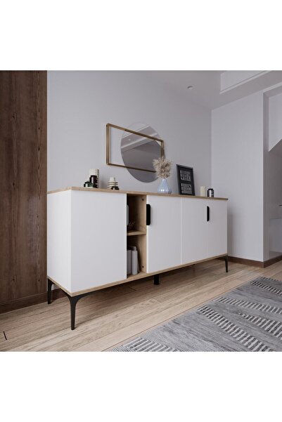 ALONEX HOME Mobilya Tarz Beyaz Konsol 4 Kapaklı, Raflı , 180 Cm , Yemek Odası...