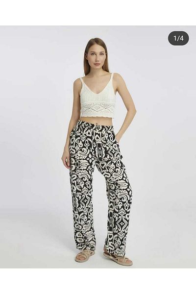 BUUFUU Summer Patterned Viscose Fabric Women's Trousers with Elastic Waist