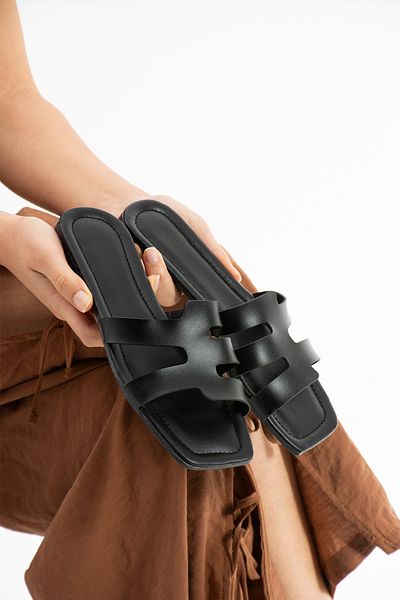 Moda Devrin Μαύρες γυναικείες παντόφλες Piping Παντόφλες για το σπίτι και το εξωτερικό