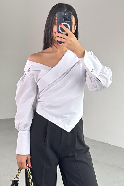 Cappmoda Gml-0317 White Cross Tie Double Sleeve Double Breasted Collar Crop Shirt