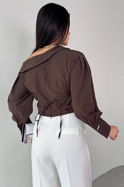 Cappmoda GML-0317 Πικρό καφέ σταυρωτό δέσιμο με διπλό μανίκι με διπλό στήθος Crop πουκάμισο