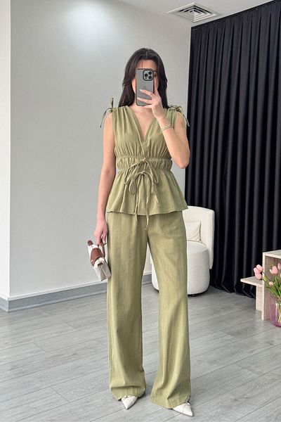 ECEMİ Elina Linen Textured Khaki Blouse Trousers Set
