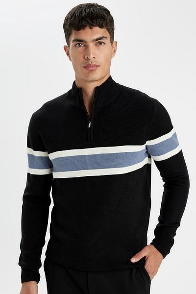 DeFacto Standard-Passform, normaler Schnitt, Stehkragen, Reißverschluss, gestreifter Strickpullover Y4193az24wn