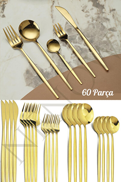 NEWNOW Paslanmaz Çelik Gold Çatal Bıçak Kaşık Seti 60 Parça 12 Kişilik