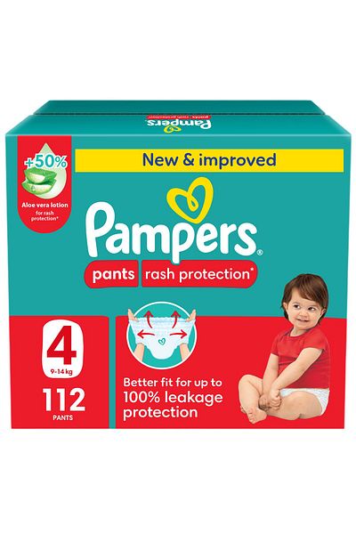 Pampers Rash Protection Pants Diapers, Size 4, 9-14kg, 112 Count, +50% Aloe, 360° Leak-Free Fit