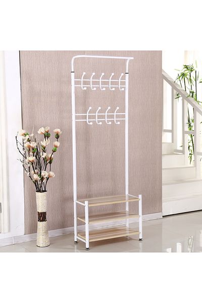 Generic منظم علاقة ملابس معدن وحامل ملابس مزود بخطافات و 3 رفوف احذية | ابيض 190x66x30 سم
