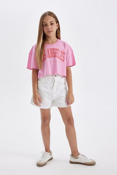 DeFacto Girl - Crop Crew Neck Printed T-Shirt D0869A824HS