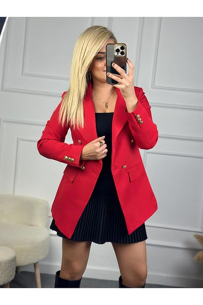 MELTEM TUĞAN Gold Button Detailed Blazer Jacket Red