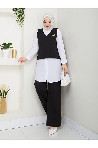 MODAMERSİ Women's Black Brooch Sweater Shirt Pants Triple Set