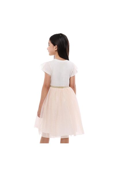 Victor and Jane Girls Ruffle Sleeve Mesh Flounce Party Dress- Off White and Beige