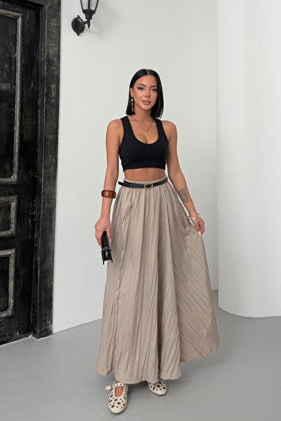 Bipantolon Women's Cream Crush Effect Long Flared Skirt