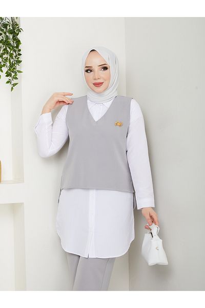 MODAMERSİ Women's Gray Brooch Sweater Shirt Pants Triple Set