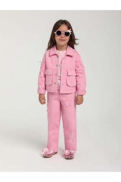 Zekids Kız Çocuk Yıldız İşlemeli Cep Detaylı Tasarım Pembe Kot Ceket