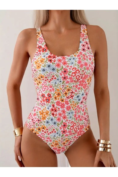 Behills Floral Print Back Tie One-Piece Swimsuit - Removable Pads