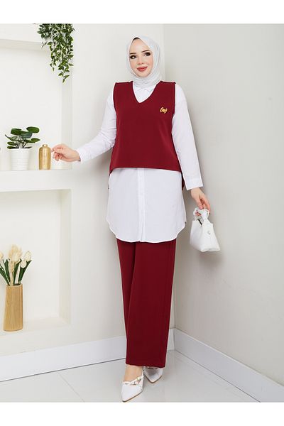 MODAMERSİ Women's Burgundy Brooch Sweater Shirt Pants Triple Set