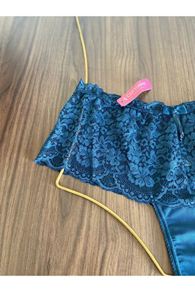 Zi Petrol Yeşili Transparan Dantelli Tanga Şort Külot