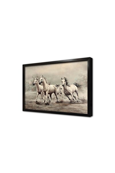 Tablosan Koşan Dörtlü Beyaz At Çerçeveli Mdf Tablo