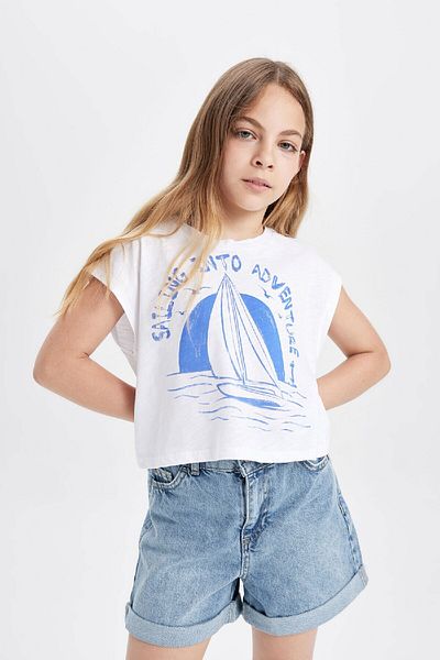 DeFacto Kurzes T-Shirt für Mädchen mit Meeres-Print – Rundhalsausschnitt, kurze Ärmel C9715a824hs