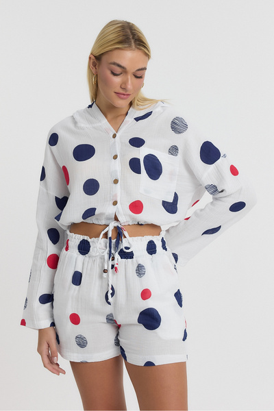 TCT TEKSTİL Crop pentru femei - Crop cu glugă din muselină cu model cu buline - 1165