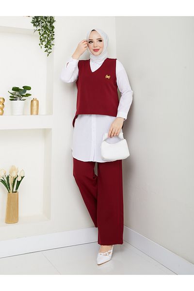 MODAMERSİ Women's Burgundy Brooch Sweater Shirt Pants Triple Set
