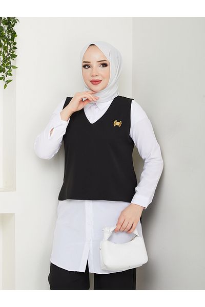 MODAMERSİ Women's Black Brooch Sweater Shirt Pants Triple Set