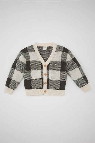 DeFacto Baby Boy Checkered V-Neck Buttoned Knitwear Cardigan A3836A524Au
