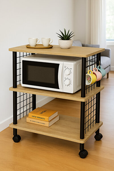 PEKA 3 Raflı Çok Amaçlı Dolap Çevir Kur Tekerlekli Yan Sehpa Servis Sunum Sehpası