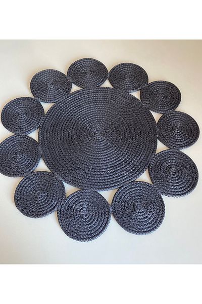 ELÇİÇEK HOME Handmade, Wicker, Daisy Runner, Tablecloth, Decorative Coffee Table Cover 50*50 cm (Anthracite)