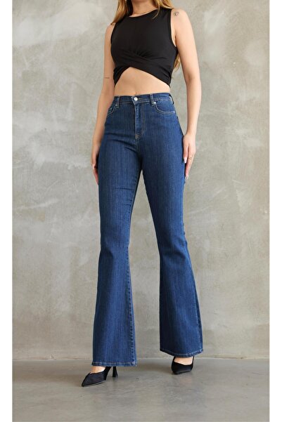 SANTA BELLA Sophio DarkBlue Pantaloni de denim din lycra pentru femei, cu talie super înaltă, cu picior evazat