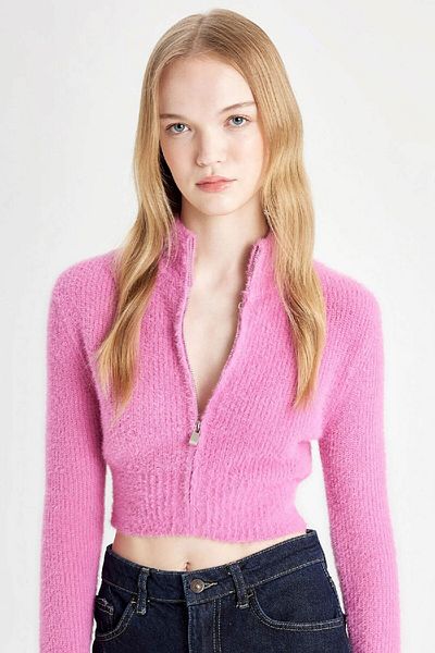 DeFacto Stand Collar Zippered Knitwear Crop Cardigan - C6298Ax24Wn