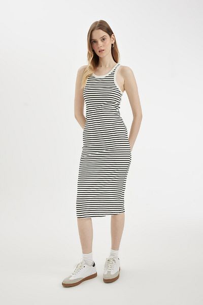 DeFacto Αμάνικο μίντι φόρεμα με ραβδώσεις - Bodycon λαιμόκοψη, ριγέ καμιζόλα C8845AX24SM