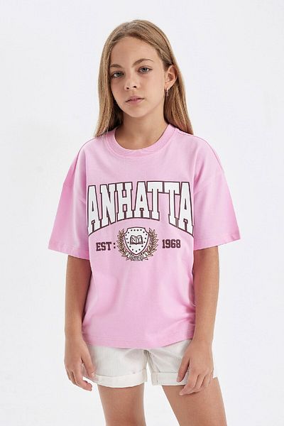DeFacto Girls' Crew Neck Printed School T-Shirt - Wide Fit, Short Sleeve C7790A824Au